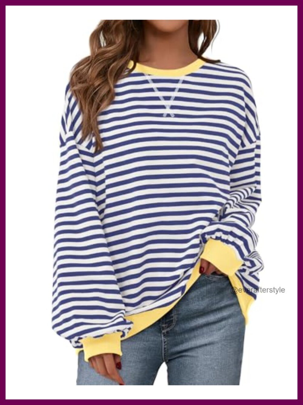 Oversized Striped Crewneck Sweatshirt Lantern Sleeve Loose Fit Pullover